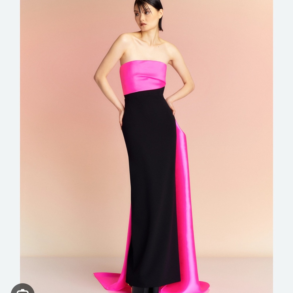 Solace London Pink and Black Strapless Gown